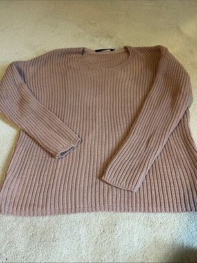 Jenni Kayne Cotton Cabin Sweater V-Neck Cable Knit in Rose Beige - Size XXS